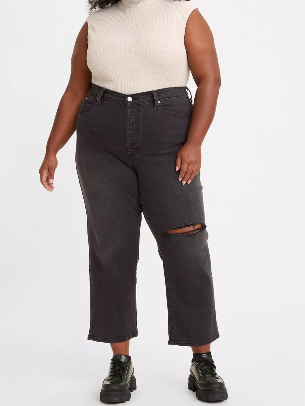 Levi's Wedgie Straight Leg Jeans High Rise Distressed Washed Black Size 18W
